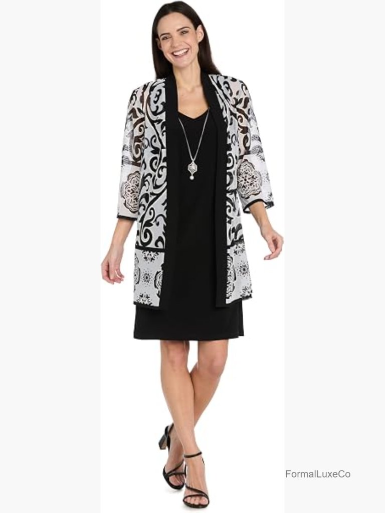 2-Piece Mesh Jacket & Tank Dress Set With Statement Necklace - Formal Ensemble